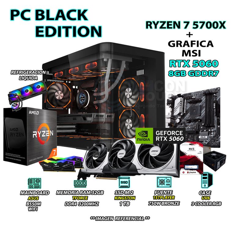 Computadora PC Gamer 7 5700X RAM 32GB SSD 1TB GRAFICA RTX 5060 8GB