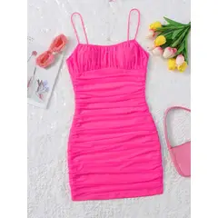 GENERICO - VESTIDO ROSA LOLITAS DE MALLA FRUNCIDA CON FORRO