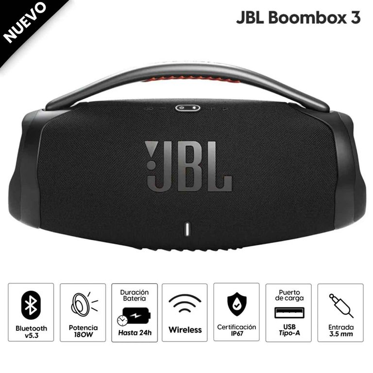Parlante BOOMBOX 3 Hasta 24 horas y Power Bank Incorporado Negro