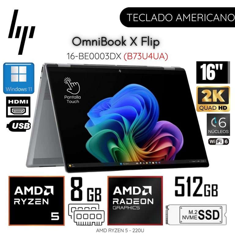 Laptop OmniBook X Flip 16-BE0003DX AMD Ryzen 5 220 8GB RAM 512GB SSD 16" 2K IPS - Grey
