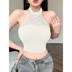 GENERICO - TOP LOLITAS TOPS HALTER BLANCO CON DETALLE DE MALLA