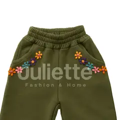GENERICO - JOGGER PANTALON PARA NIÑA CON FLORES TEJIDAS FRANELA X2