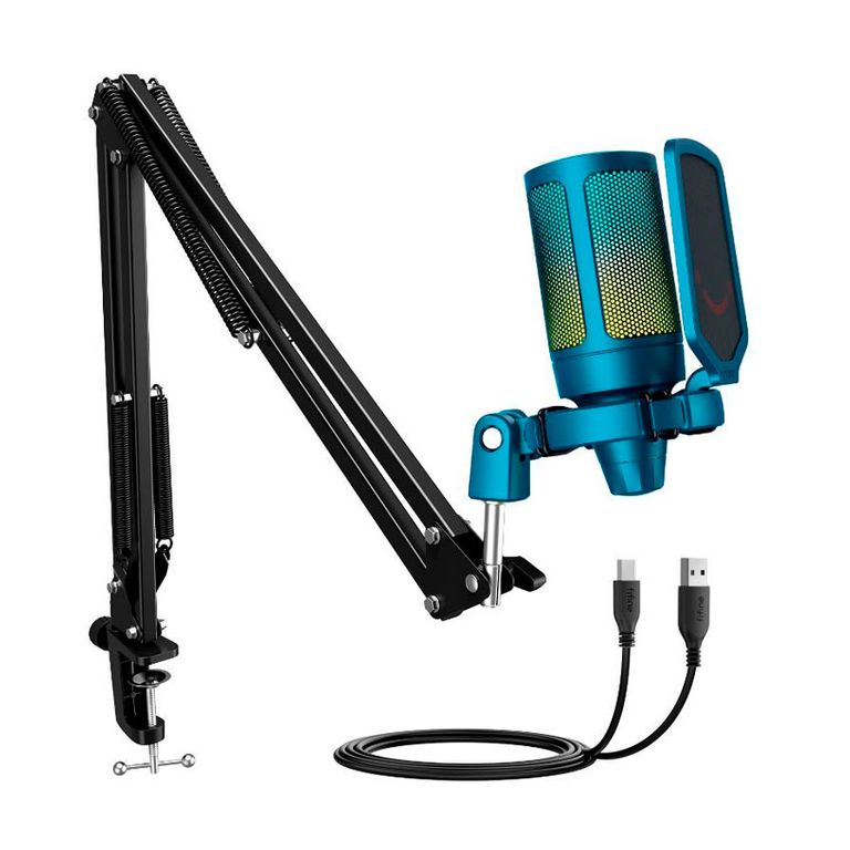 Micrófono A6T USB Azul con Brazo RGB Mute y Ganancia