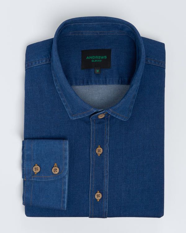 Camisa Casual denim stretch- Puño simple 2 botones slim azul