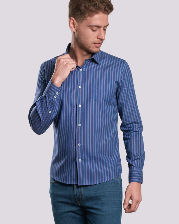 Camisa Casual A Rayas - Azulino con Rojo