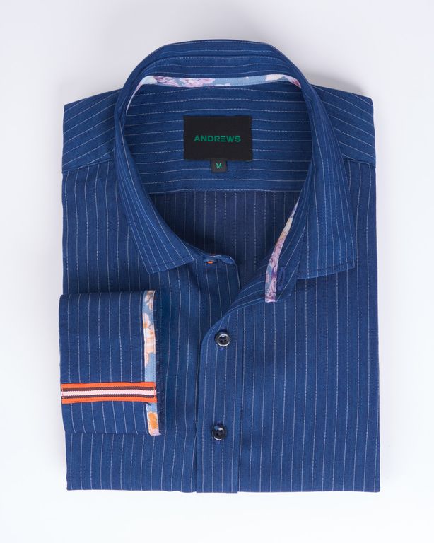 Camisa Casual - Azul con Detalles en Puño y Cuello