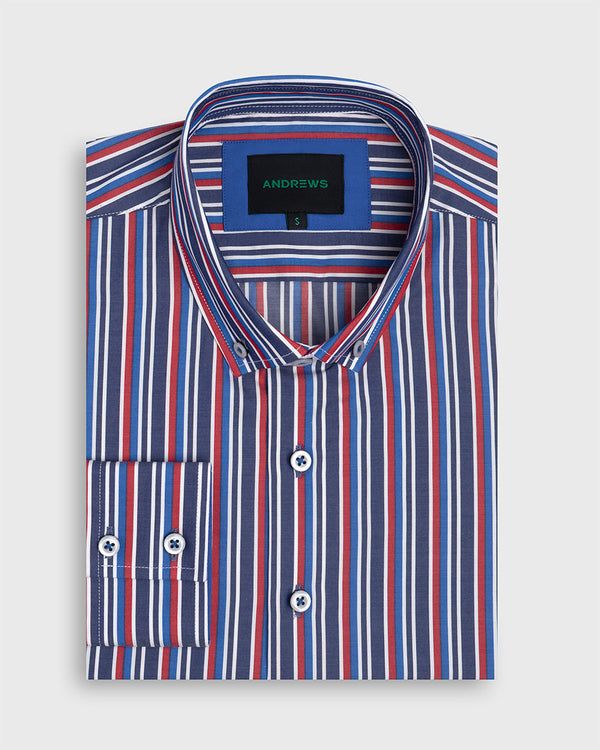 Camisa Casual twill rayas - cuello button-down puño simple azul
