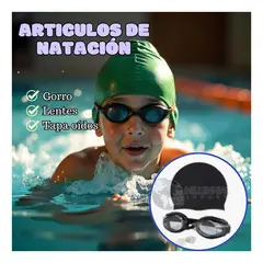 GENERICO - PACK DE LENTES NATACIÓN CON TAPON OÍDOS + GORRO LICRA NIÑOS