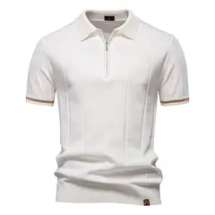 TIOZONEY - Polo de punto con cuello para hombre-Blanco