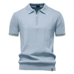TIOZONEY - Polo de punto con cuello para hombre-Azul