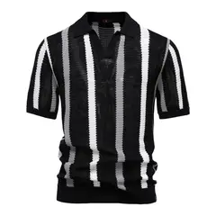 TIOZONEY - Polo a rayas para hombre-Negro