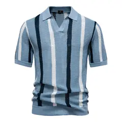 TIOZONEY - Polo a rayas para hombre-Azul