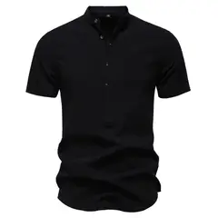 TIOZONEY - Camisa de algodón con cuello alto para hombre-Negro