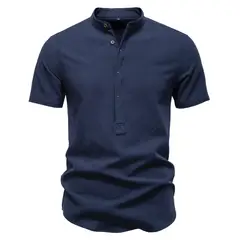 TIOZONEY - Camisa de algodón con cuello alto para hombre-Azul