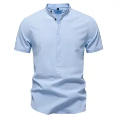 TIOZONEY - Camisa de algodón con cuello alto para hombre-Azul