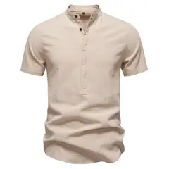 TIOZONEY - Camisa de algodón con cuello alto para hombre-Beige
