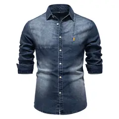 TIOZONEY - Camisa de mezclilla para hombre-Azul