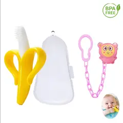 GENERICO - Mordedor banana cepillo y cadena osito fucsia para bebe