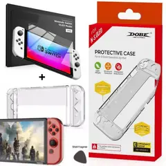 DOBE - Case Transparente Nintendo Switch OLED + Mica de vidrio +Funda Joy-Con