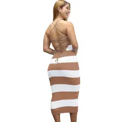 GENERICO - Vestido Mujer Hilo Tacto Maxi Rayas 359G-25 Color Beige
