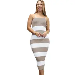 GENERICO - Vestido Mujer Hilo Tacto Maxi Rayas 359G-25 Color Crudo