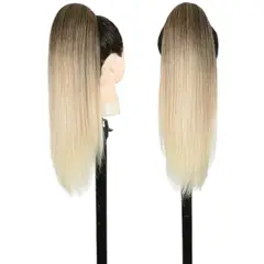 GENERICO - EXTENSIONES DE COLA DE FIBRA FUTURA LISOS BRAZILEROS DE 51CM DE LARGO Y 120GR CON 2 CLIP Y LIGA AJUSTABLE - RUBIO CENIZO CLARO DORADO BALAYAGE