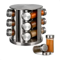 GENERICO - Condimentero 12 Pomos En Acero Y Vidrio Giratorio 360°