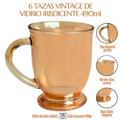 GENERICO - 6 Tazas Vidrio Templado Iridiscente Vintage Retro con Pedestal 490ml