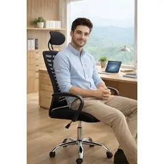 GENERICO - SILLA OFICINA ESCRITORIO ERGONÓMICA CABECERA REGULABLE BASE DE METAL