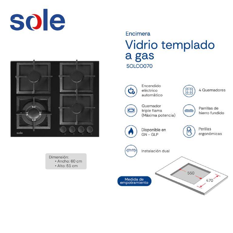 Encimera Vidrio Templado A Gas 60cm - SOLCO070