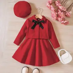GENERICO - Conjunto de Niña Abrigo y Falda Roja Estilo Elegante de Invierno