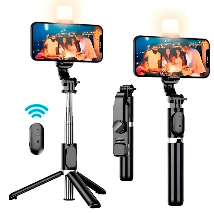 Tripode palo selfie stick con mando bluetooth y luz led