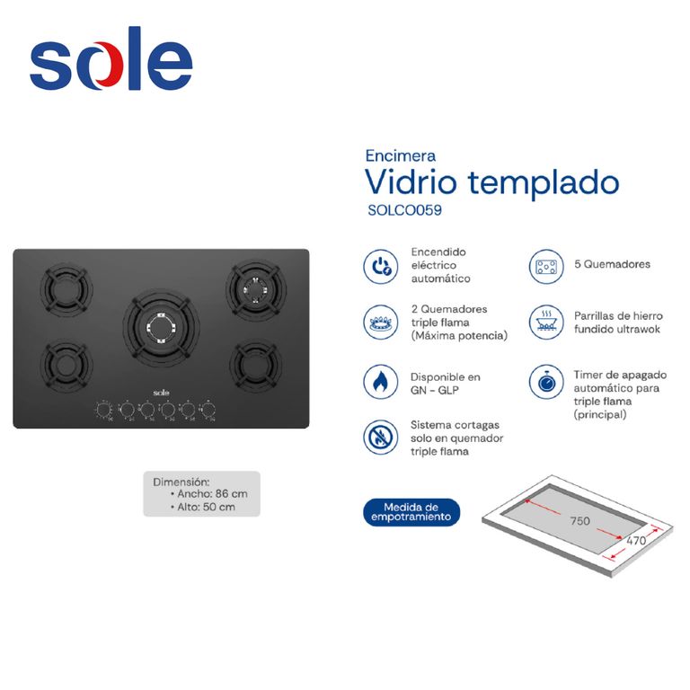 Encimera Vidrio Templado A Gas 86cm - SOLCO059