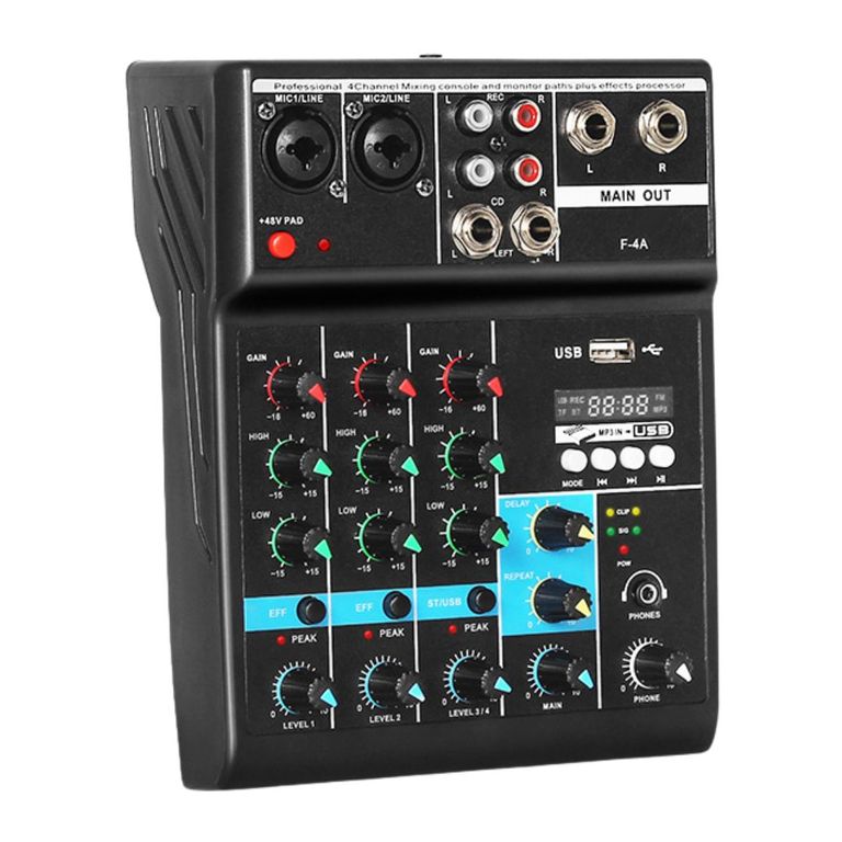Mezclador de Audio Profesional 4 Canales con Bluetooth, USB y Efectos