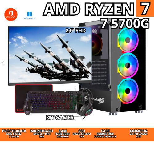 PC GAMER RYZEN 75700G 32GB RAM SSD1TB CON MONITOR 24 KIT GAMER