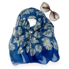 GENERICO - Bufanda Pañoleta Chalina Pashmina Flores Beige con Azúl