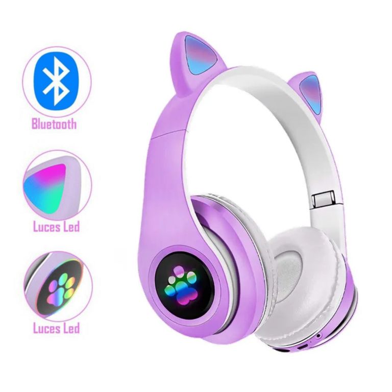 AUDÍFONO BLUETOOTH GATO CON LUZ LED MORADO