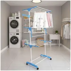 GENERICO - Tendedero de Ropa Multifuncional 4 Niveles Plegable con Ruedas Azul