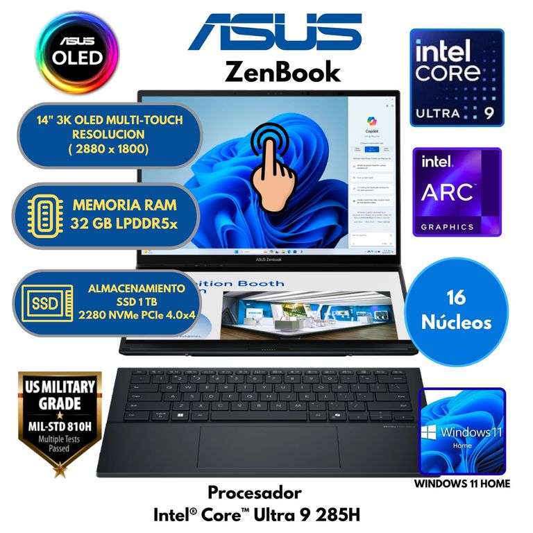 Laptop Intel Core Ultra 9 (UX8406CA-PZ073W 2en1)RAM 32 GB SSD 1TB 14" 3K OLED Táctil Windows 11