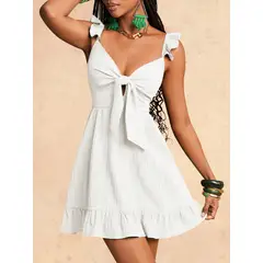 KAST PE - Vestido Estefania blanco con lazo y vuelo en hombros Talla M