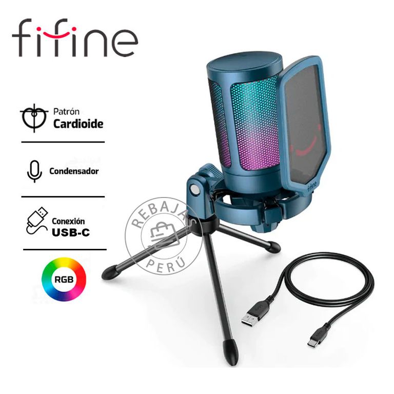 Micrófono A6V BLUE USB Condensador RGB Trípode Filtro Antipop