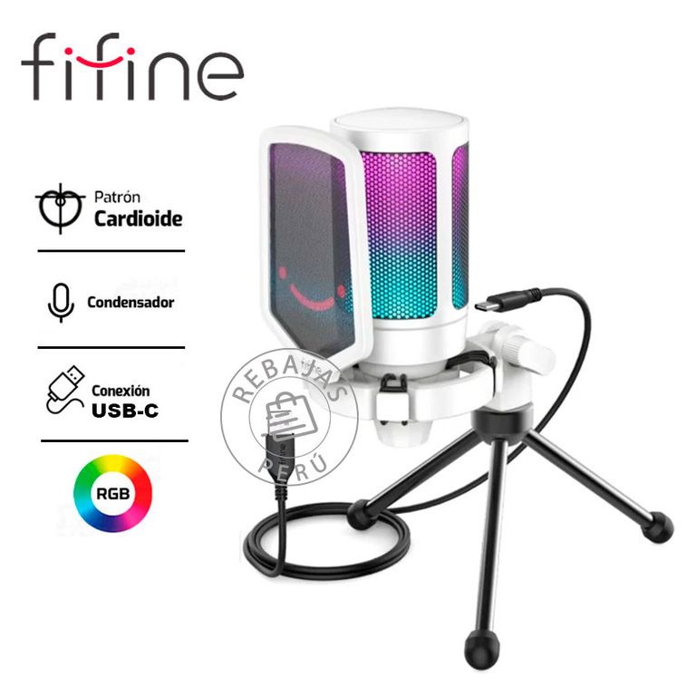 Micrófono A6V WHITE USB Condensador RGB Trípode Filtro Antipop