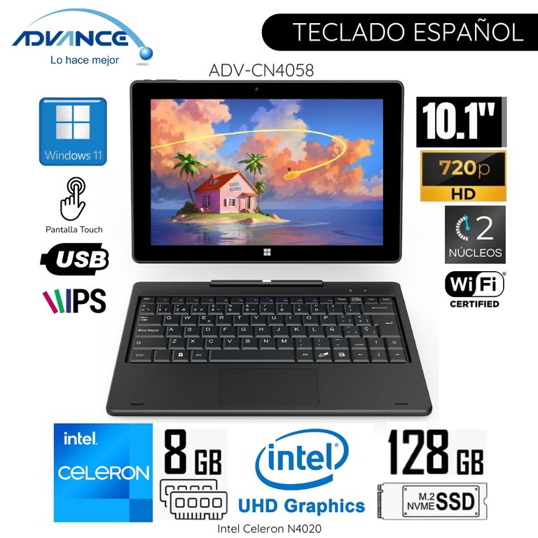 Laptop CN4058 2 en 1 Intel Celeron N4020 8GB RAM 128GB SSD 10.1" HD  Pantalla táctil Wind 11