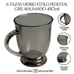 GENERICO - 6 Tazas Vidrio Templado Gris Ahumado Translúcido Estilo Moderno 490ml