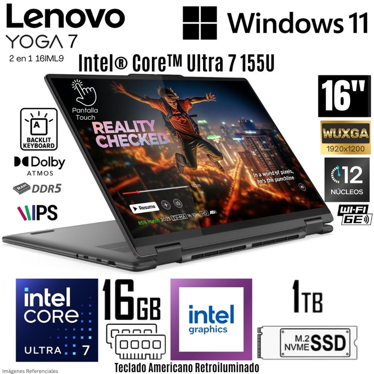 Laptop Yoga 7 2 en 1 Intel Core Ultra 7 155U 16 GB DDR5 RAM 1TB SSD 16" WUXGA TouchScreen