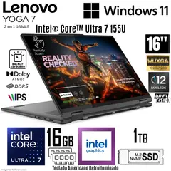 LENOVO - Laptop Yoga 7 2 en 1 Intel Core Ultra 7 155U 16 GB DDR5 RAM 1TB SSD 16" WUXGA TouchScreen