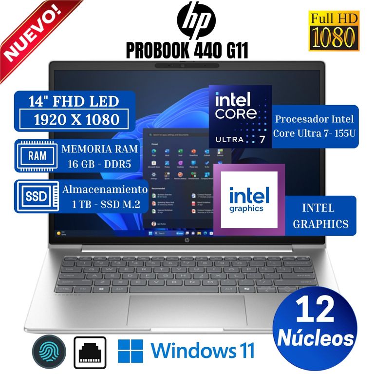 Laptop ProBook 440 G11 14” WUXGA IPS, Intel Core Ultra 7-155U, Ram 16GB, SSD 1 TB, Win 11 Pro