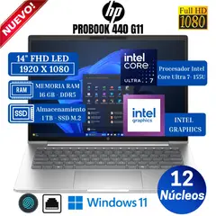 HP - Laptop ProBook 440 G11 14” WUXGA IPS, Intel Core Ultra 7-155U, Ram 16GB, SSD 1 TB, Win 11 Pro