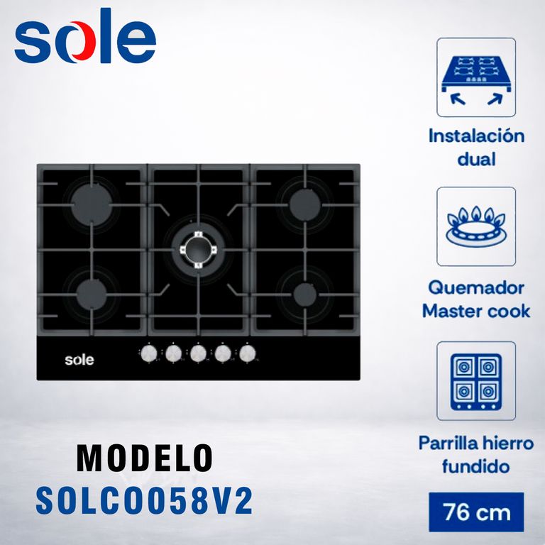 ENCIMERA VIDRIO TEMPLADO A GAS 77CM 5H SOLCO058V2