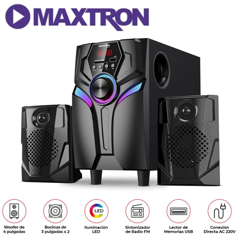 Parlante 2,1 MAX S200 Hertz USB BT AUX Iluminación LED